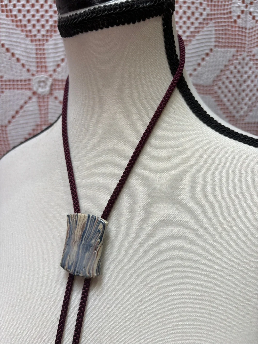 Vintage Ceramic Slide Tassel Necklace Boho Cord Necklace - Picture 5 of 8